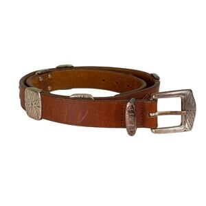 Vintage 90s Brighton Belt Adult 34” S/M Brown Leather Western Silver Plate 45507